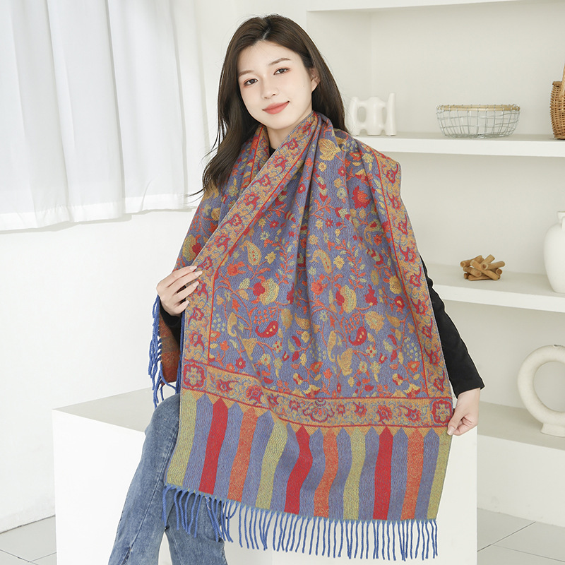 Ethnic Scarf Women's Winter Superior Sense Imitation Cashmere Scarf All Women's Shawl Tassel Vintage Jacquard Scarf Specification drawing
