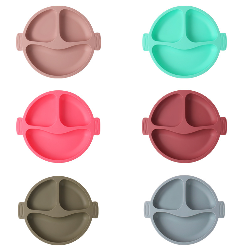 Baby silicone tableware set, children's small suction cup, three-compartment smiling face plate, anti-drop feeding silicone bowl 8-piece set Item Picture
