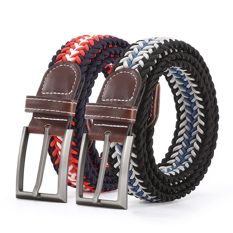 Men's and women's universal elastic woven pin buckle belt, fashionable and versatile, fishbone pattern non-perforated polyester elastic belt wholesale