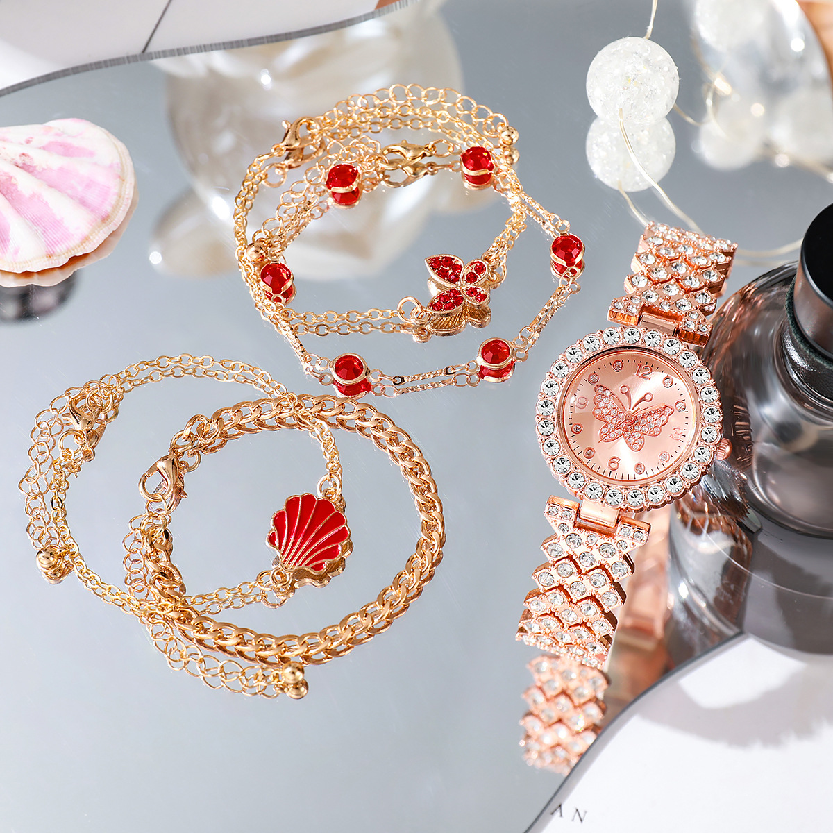 5pcs/set nicho ins wind strass mariposa cara de acero correa reloj mariposa pulsera set Specification image