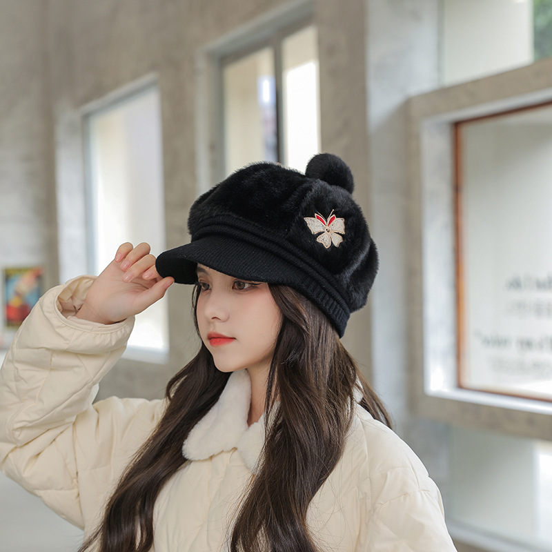 Autumn And Winter New Knitted Cap Scarf Two Sets Of Warm Lovely Bicycle Windproof Butterfly Embroidery Spot Application Scenario