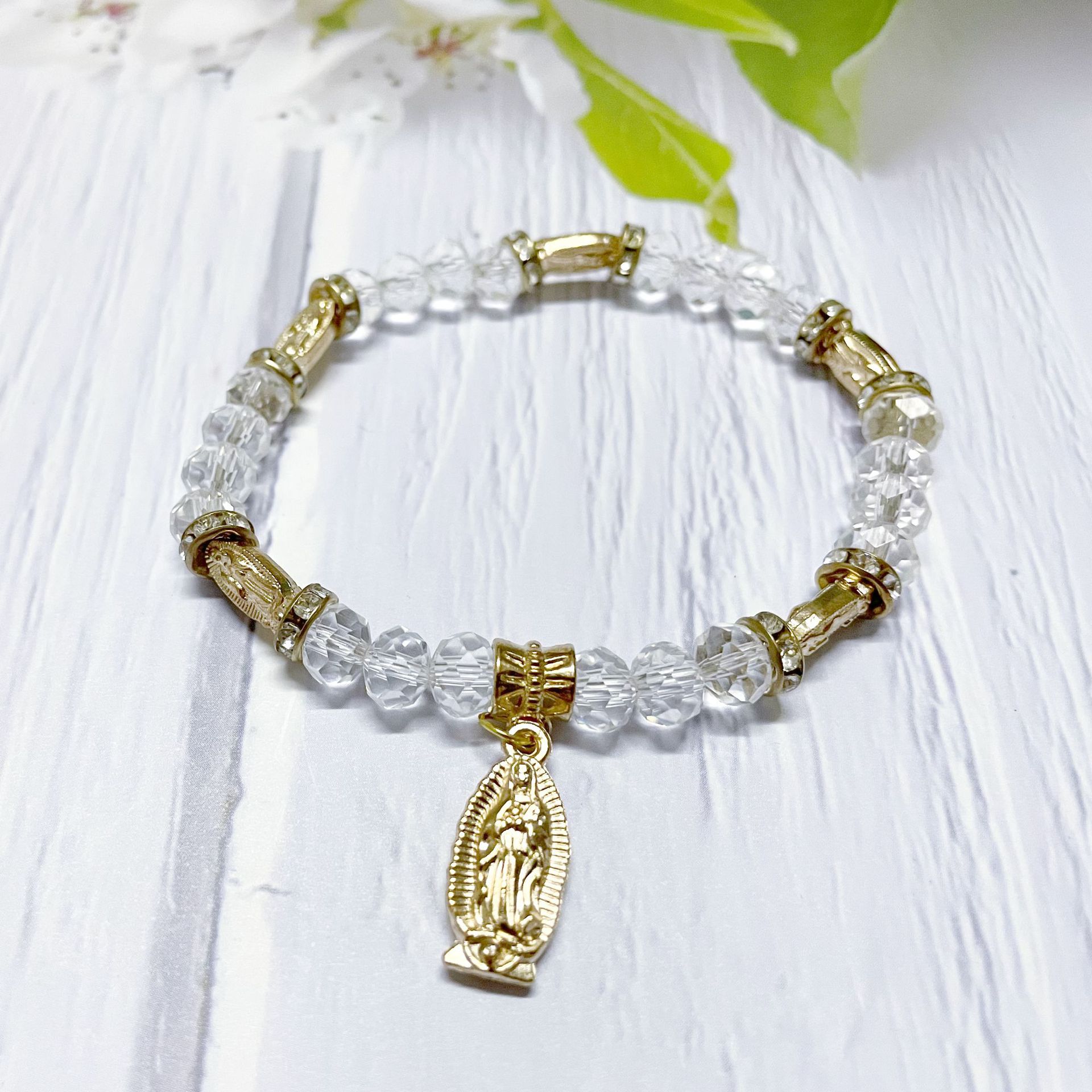 Europe And The United States Foreign Trade Cross-Border New Sales Of Alloy Mary Church Rosary Mary String Crystal Bracelet Cross Beaded Bracelet Manufacturers Wholesale Specification drawing