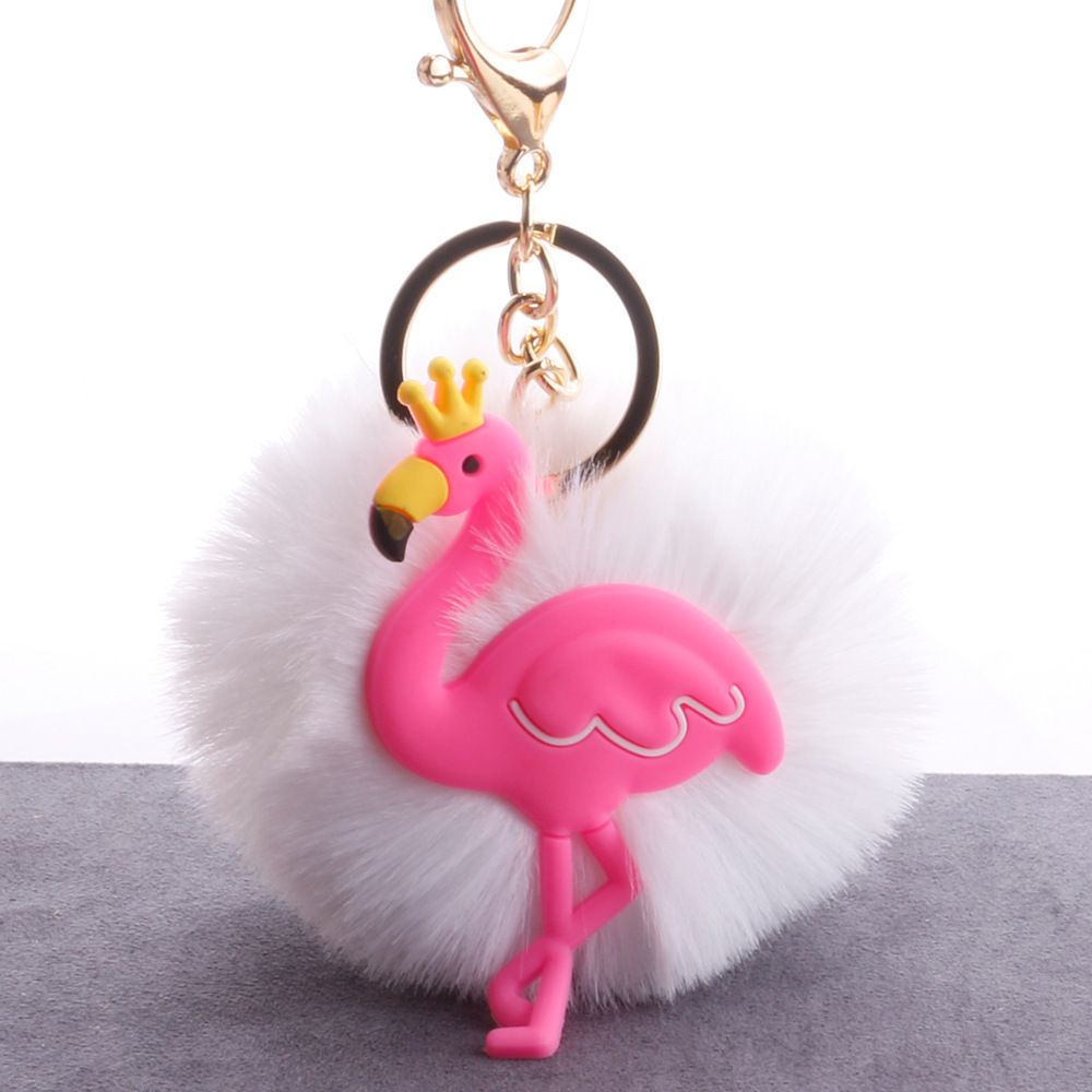 Flamingo hairball keychain, new European and American girls' bag, fashionable plush pendant, silicone crown bird pendant