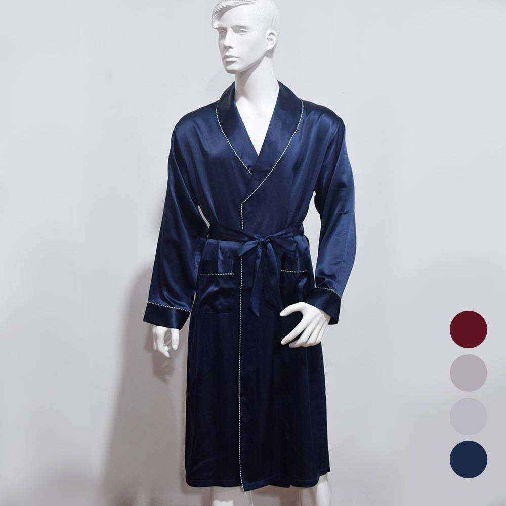 男士重磅真丝睡袍春秋长袖简约系带长款桑蚕丝睡衣晨袍家居服浴袍