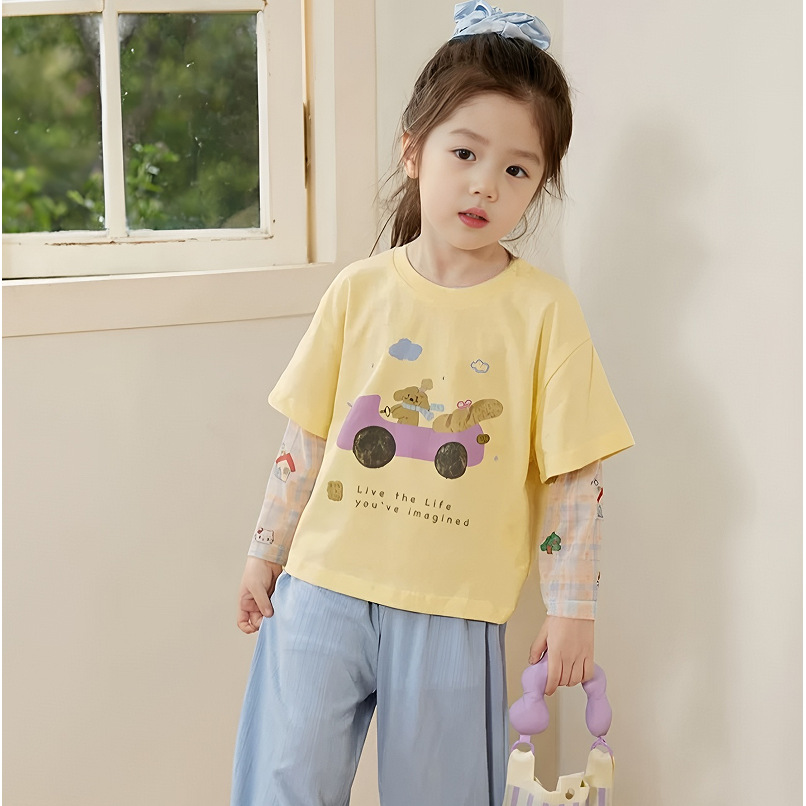 Wholesale and consignment of two new half-sleeved T-shirts with sun protection sleeves for girls' summer vacation. Girls can wear short sleeves outside