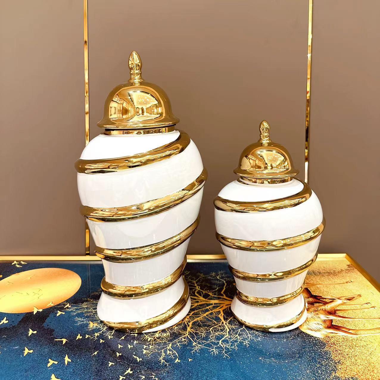 Export European electroplated golden ceramic general jar vase decoration light luxury process model room soft entryway decoration ceramic general jar general bottle full figure