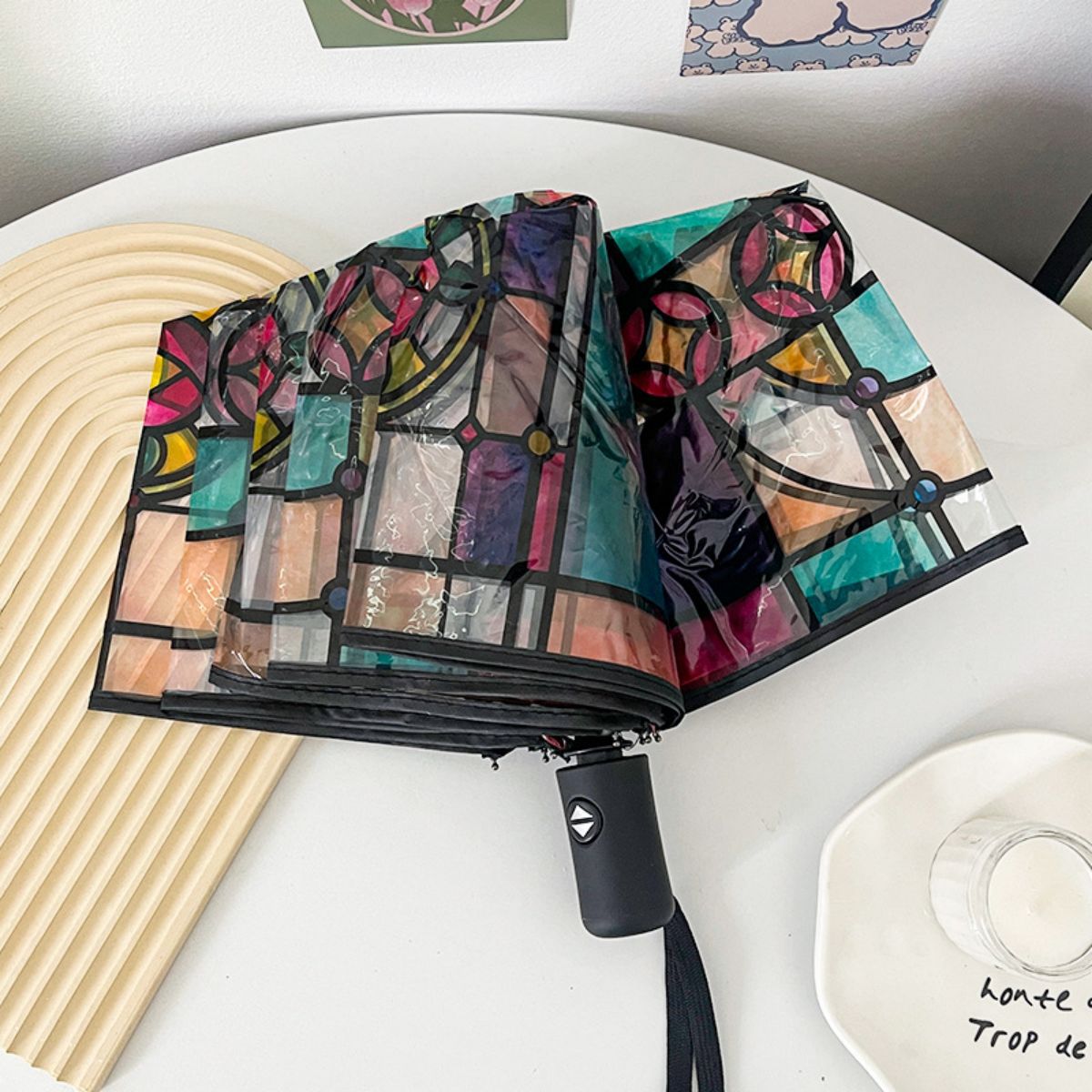 TEMU代发代贴标签厂家透明全自动折叠伞浪漫诗歌图案跨境专供雨伞详情1