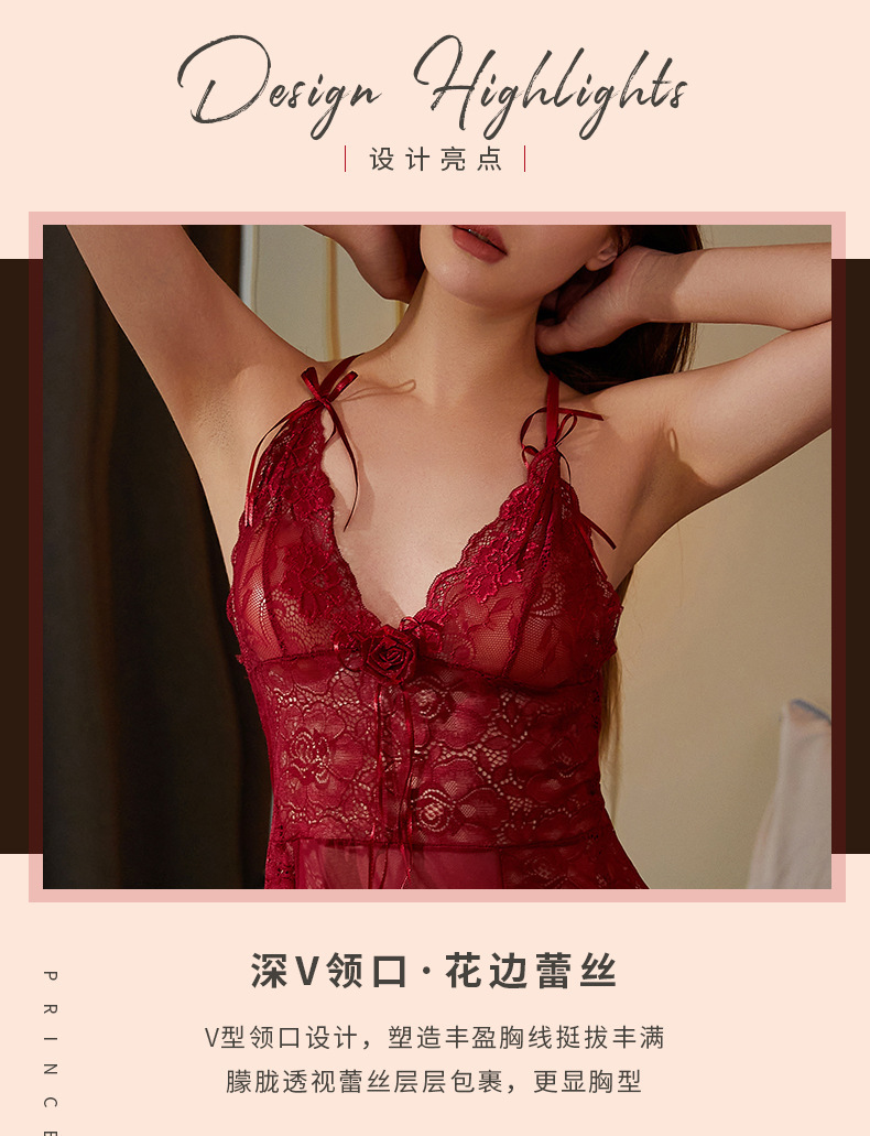 欧美纯欲玫瑰睡裙网纱透视蕾丝聚拢女士性感睡衣详情5