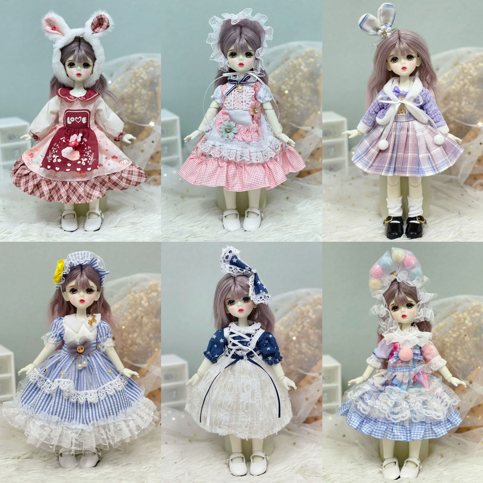 6 points bjd doll dress-up clothes, 30 cm doll set dress, autumn and winter outfits, Lolita jk maid dress details Picture