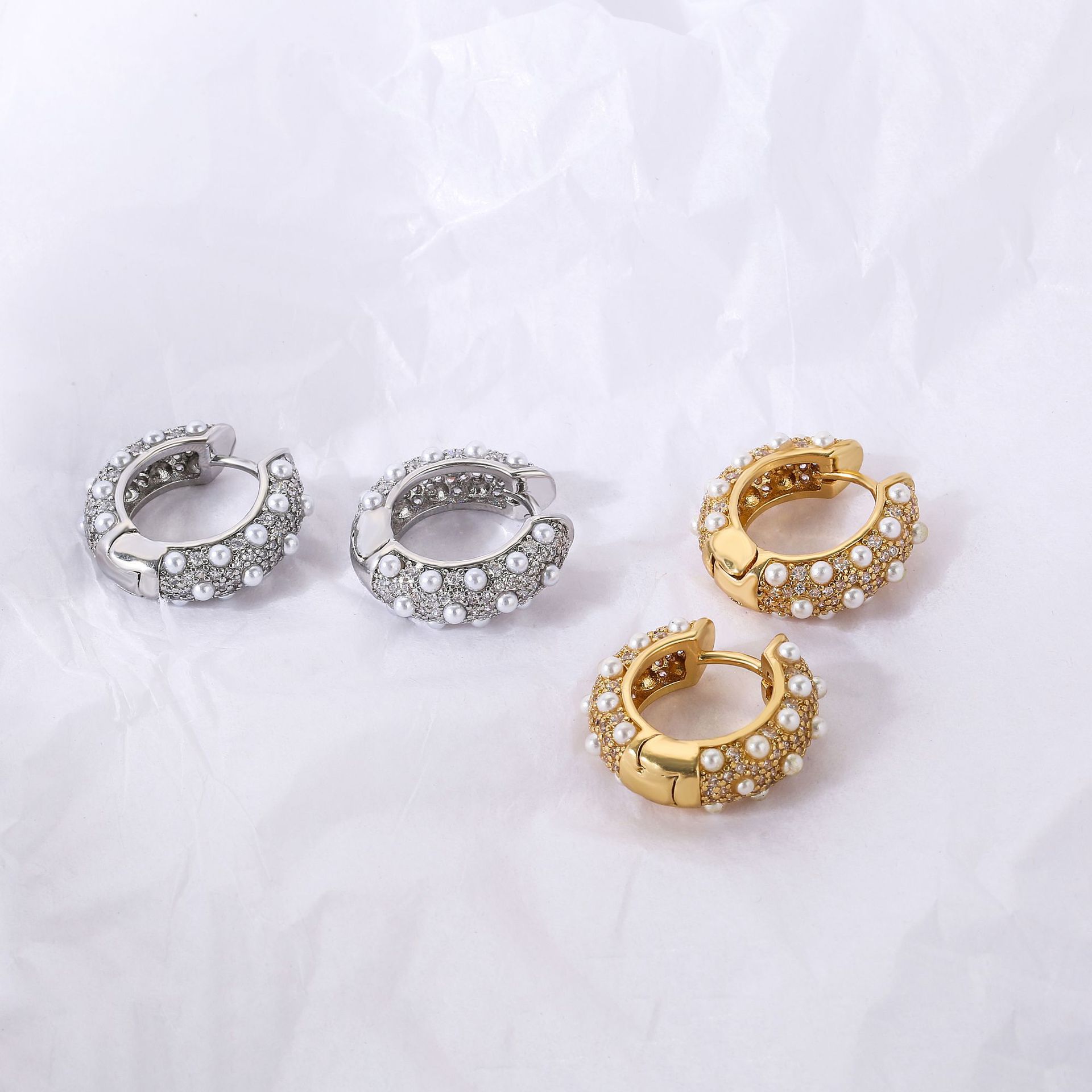 HECHENG jewelry: Micro-inlaid zircon full diamond ear rings, artificial pearl inlaid earrings, fashionable women's earrings