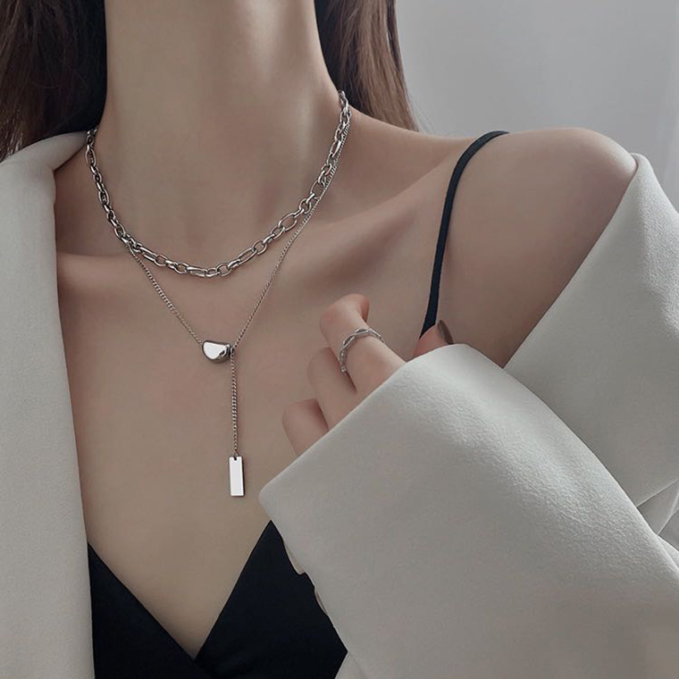 Acacia Bean Double Titanium Steel Necklace Women Simple Ins Lucky Bean Double Layer Wear Collarbone Chain Choker Accessories
