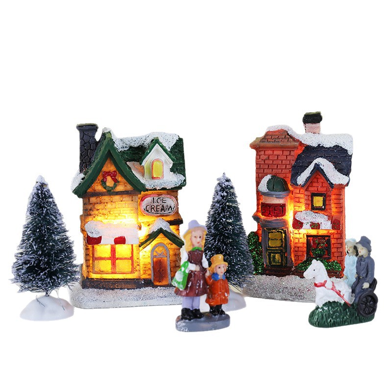Cross-border new Christmas decoration resin small house micro-landscape resin house Christmas glowing small house set Item Picture