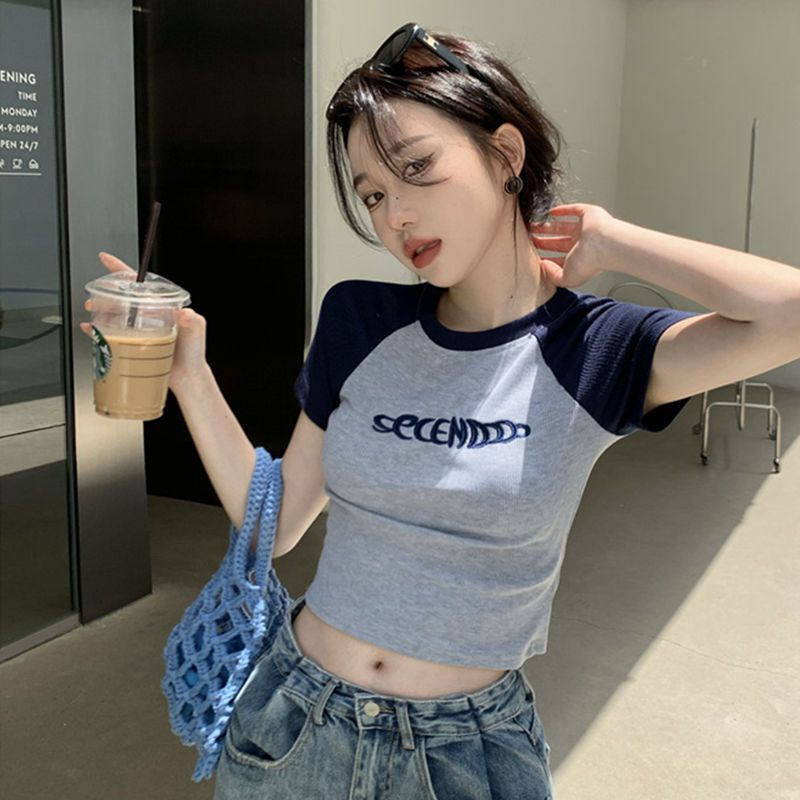 Pure desire style short student top, hot girl slimming 2024 Summer new short-sleeved T-shirt, American design style for women, ins