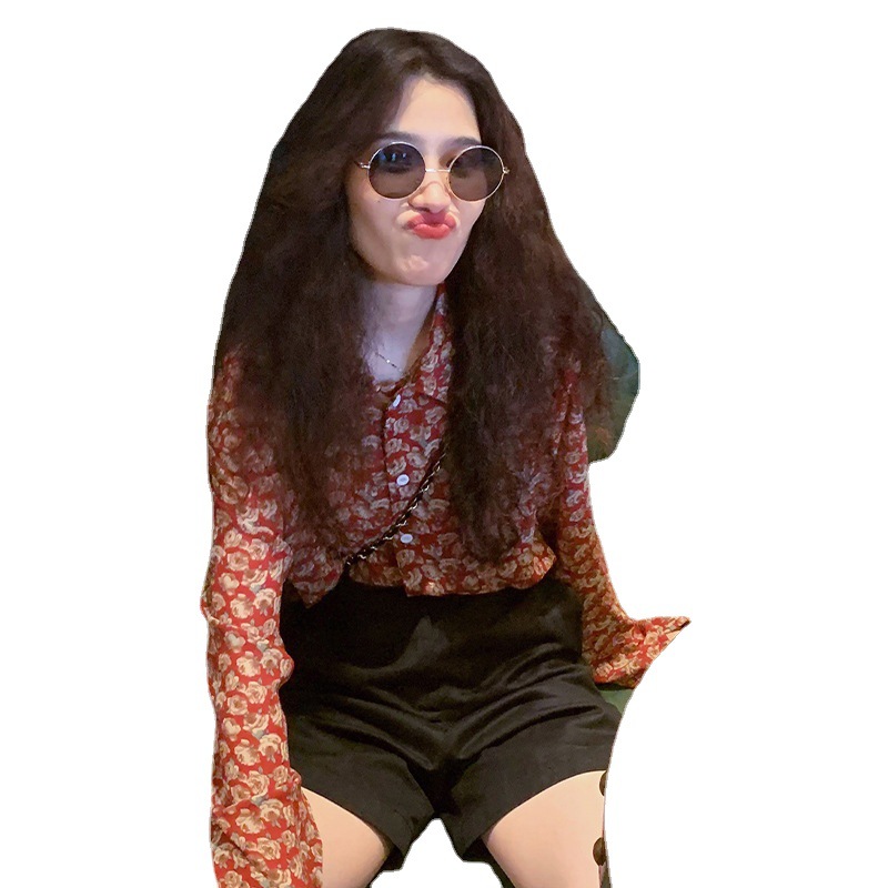 Chiffon floral print shirt for women, retro Hong Kong style, long-sleeved loose, versatile, casual Hong Kong style, printed design sense, niche top Item Picture