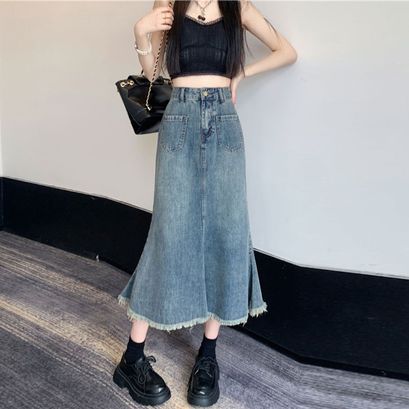 Raw Edge Denim Skirt Skirt Skirt Female Summer Ins Style Niche Retro High Fanny Pack Hip Skirt In Long A-Line Skirt Trend details Picture