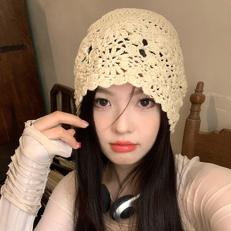 A collection of Japanese-style hand-woven headscarves, thin, hollowed-out woolen hats for women, and retro and artistic knitted hats