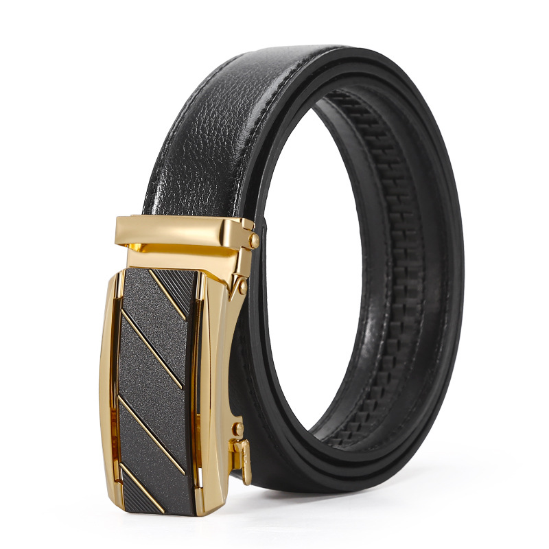 Men's Automatic Buckle Cut Edge Double Line Lychee Grain Young Men's Business Belt Factory Spot Wholesale Item Picture