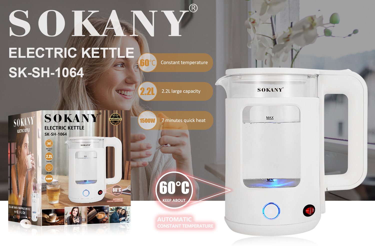 Cross-border foreign trade SOKANY1064 Electric kettle 2.2L Household hot water kettle Quick water boiling, heat preservation and constant temperature kettle details Picture