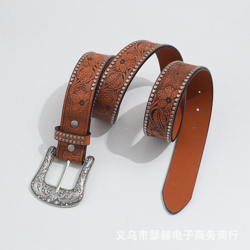 欧美风辣妹日常棕色纹理小众针扣腰带特别印花图案批皮带男舞会