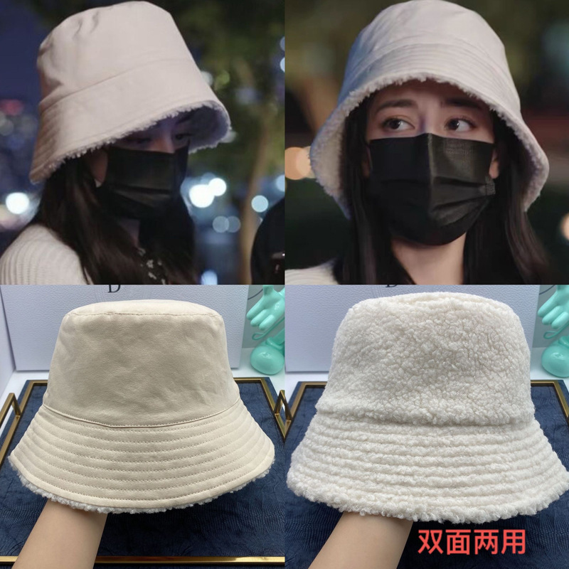 羊羔绒渔夫帽女冬时尚洋气冬季帽子双面加厚保暖渔夫帽日系盆帽