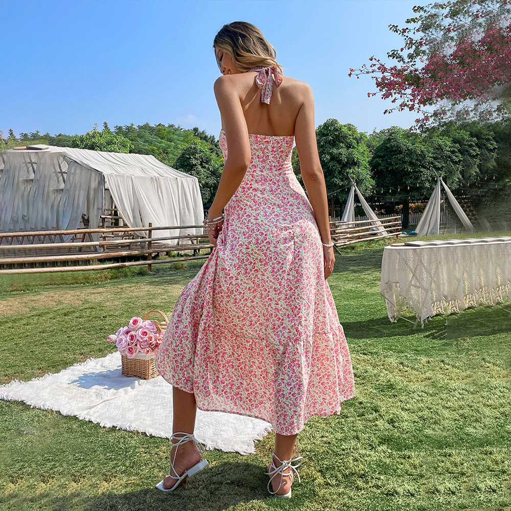 European and American cross-border Amazon sexy style halter sleeveless dress, high-waisted backless pullover A-line floral long dress for women details Picture