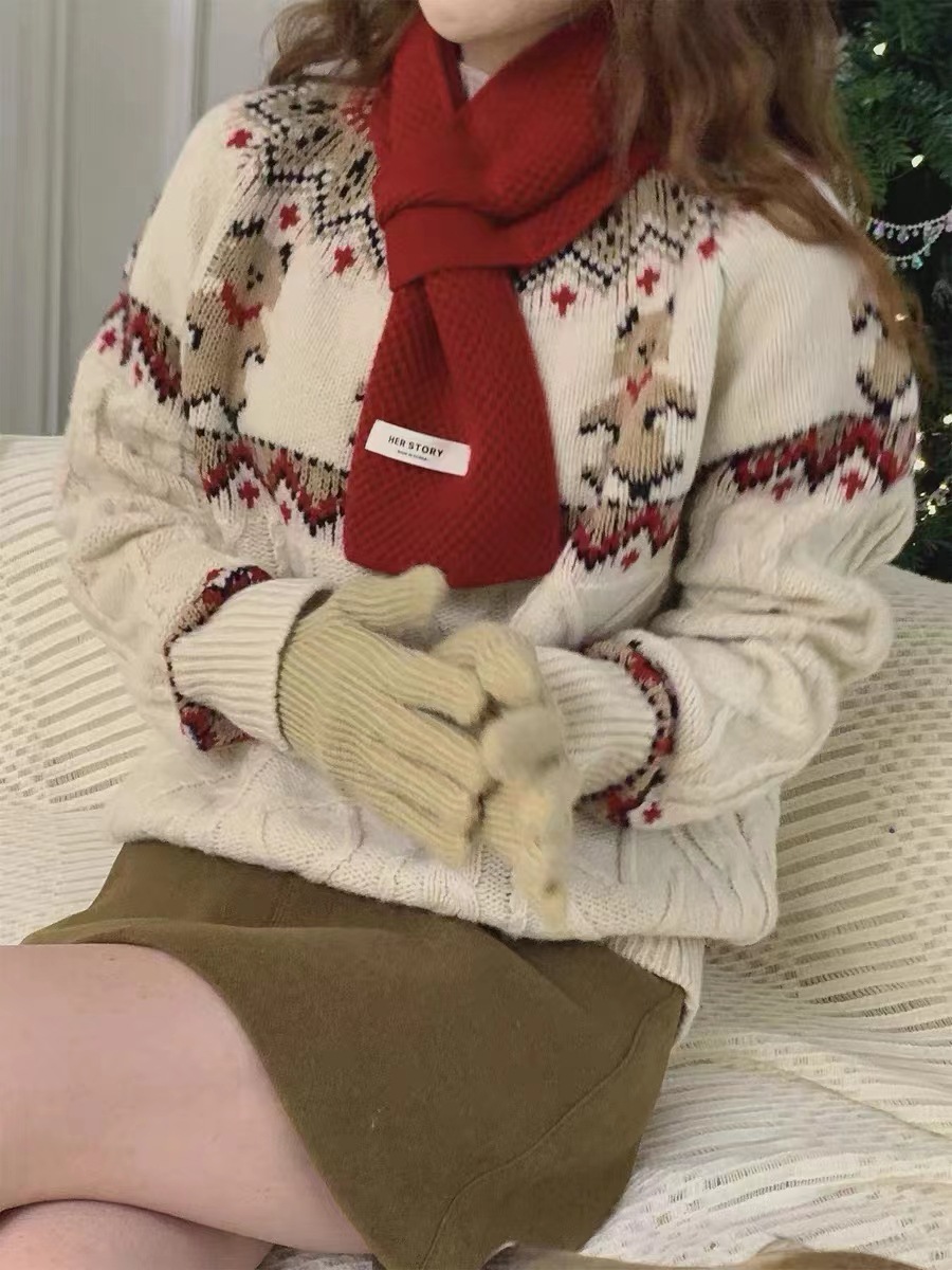 现货韩国女装秋冬新款复古针织衫圣诞毛衣慵懒风宽松外搭上衣