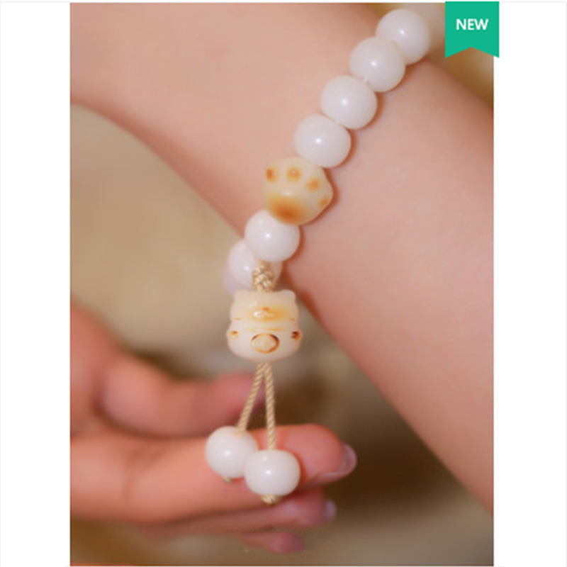 Cat Milk Bean Charcoal Burnt Cat Feet Bodhi Root Natural White Jade Hand Skewer Baked Color Around Finger Soft Play Bracelet Girl details Picture