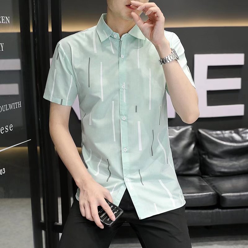 2022 Summer Men's short-sleeved shirt, slim half-sleeved casual and cool printed shirt, thin Korean-style cool inch shirt