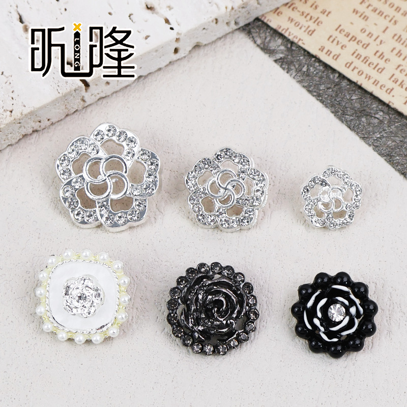 花朵带钻珍珠纽扣镂空设计多层玫瑰花扣子大衣套装外套配件