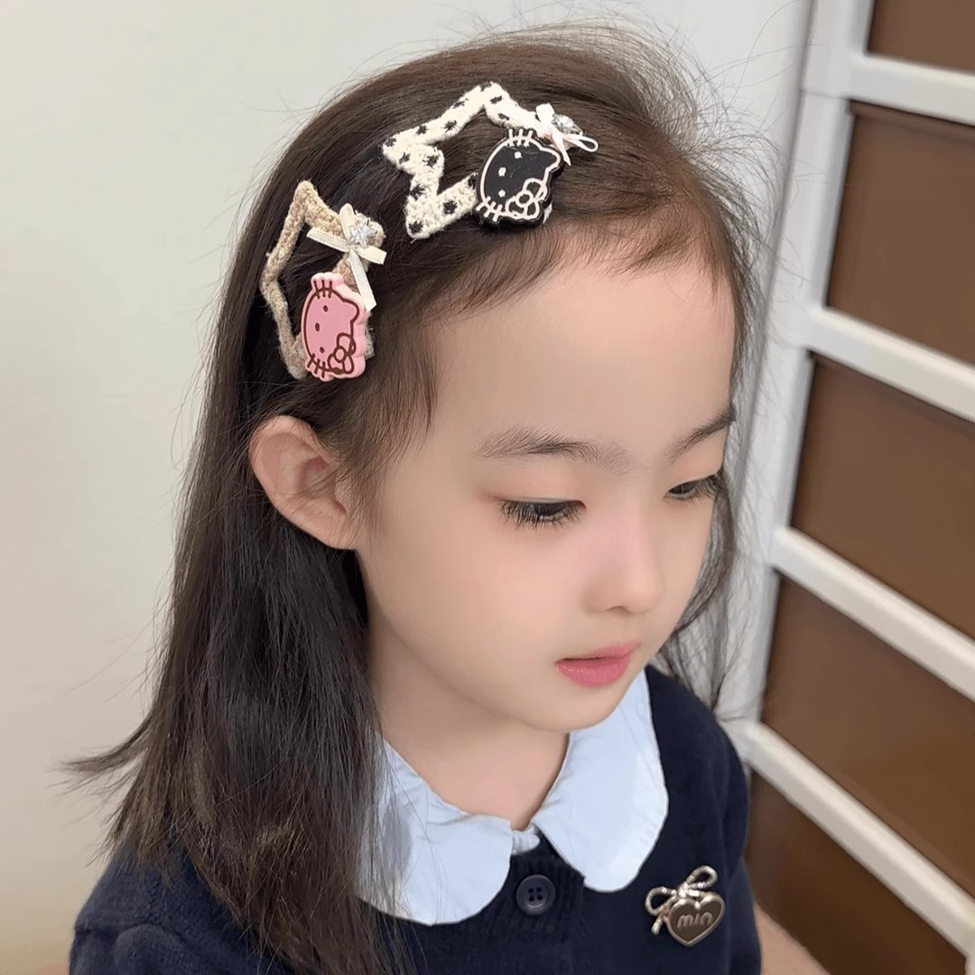 Korean cartoon woolen five-pointed star bb clips, cute kt cat side clips, girl star hair clips, bangs and broken hair clips details Picture