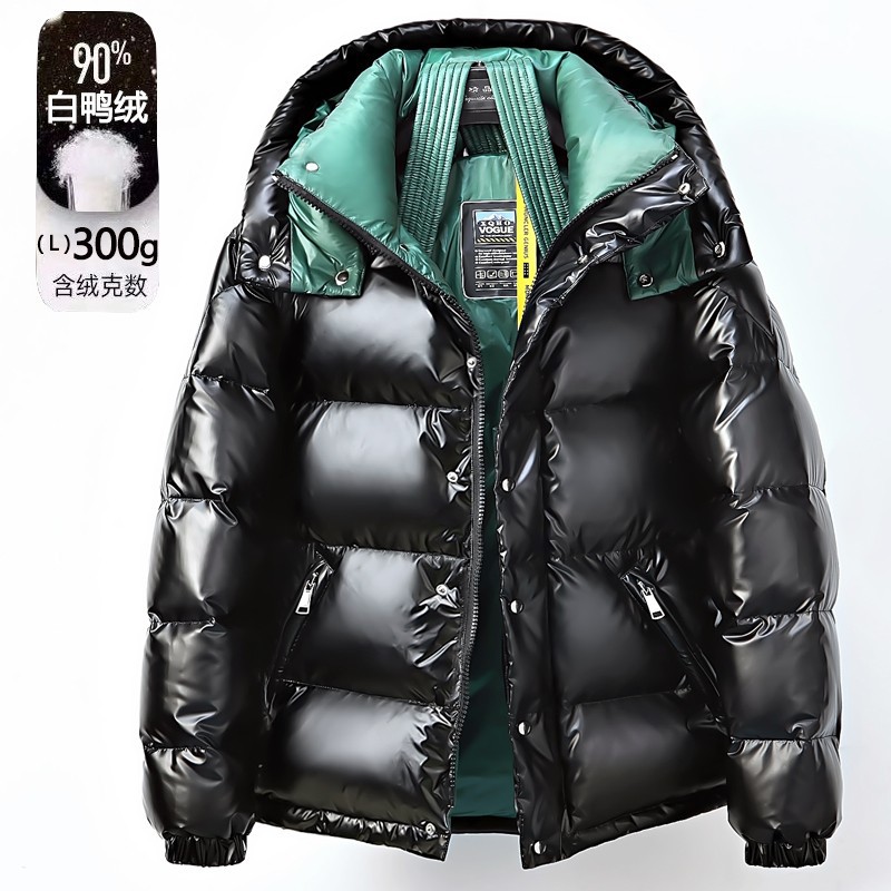 European Station Shiny down jacket men's short style 2024 winter new trendy brand couple hooded thick warm jacket