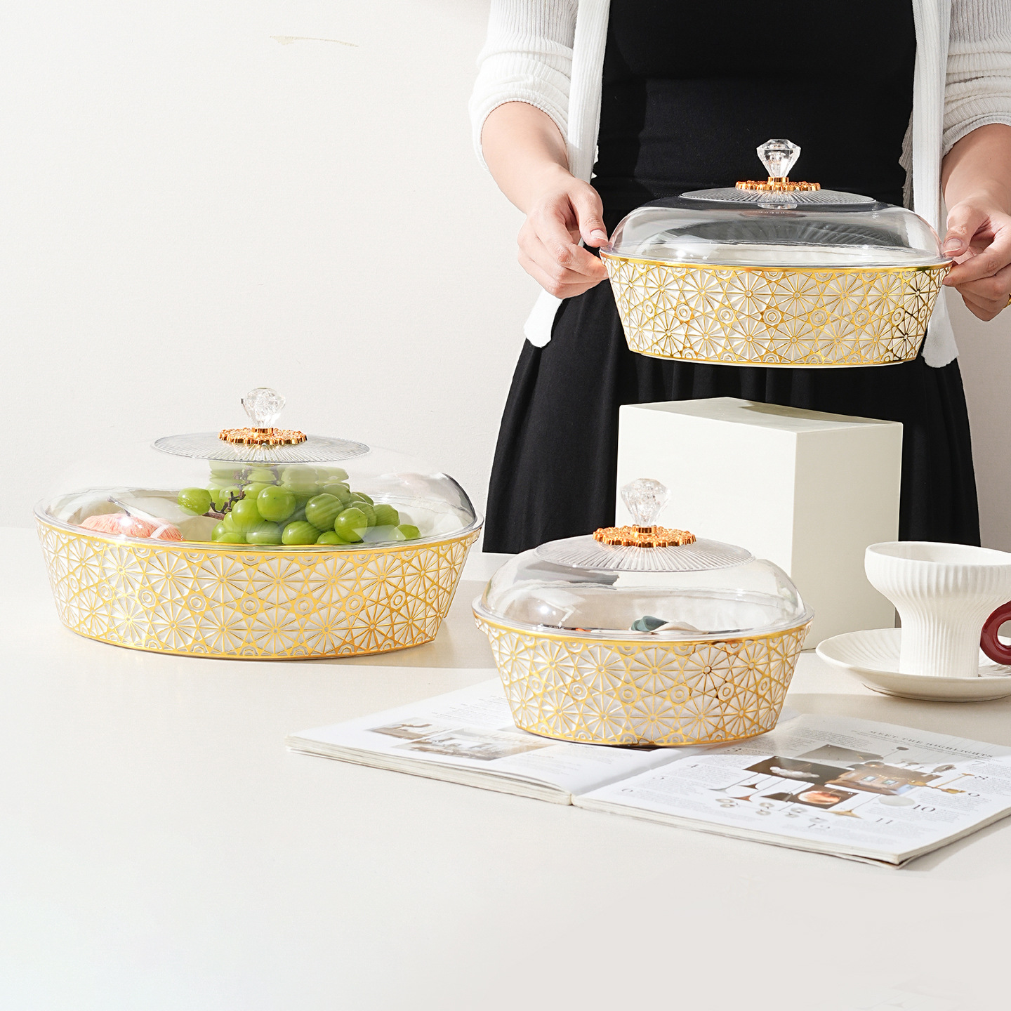 简约圆形带盖透明水果盘金色花纹雕花顶珠点心盘子可叠加耐摔果盘