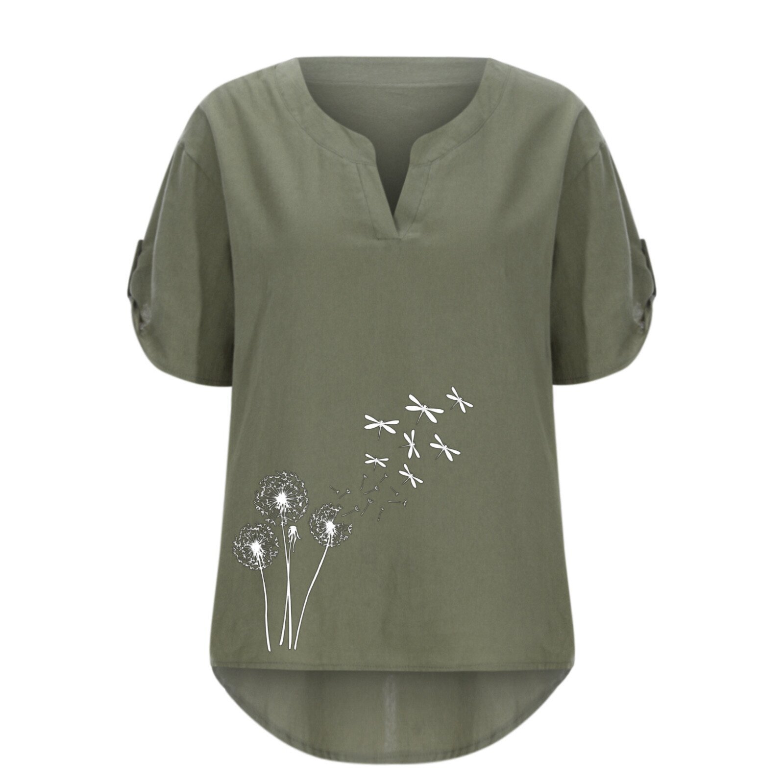 2022 Summer new Amazon women's short-sleeved printed cotton and linen shirt with irregular hem Item Picture