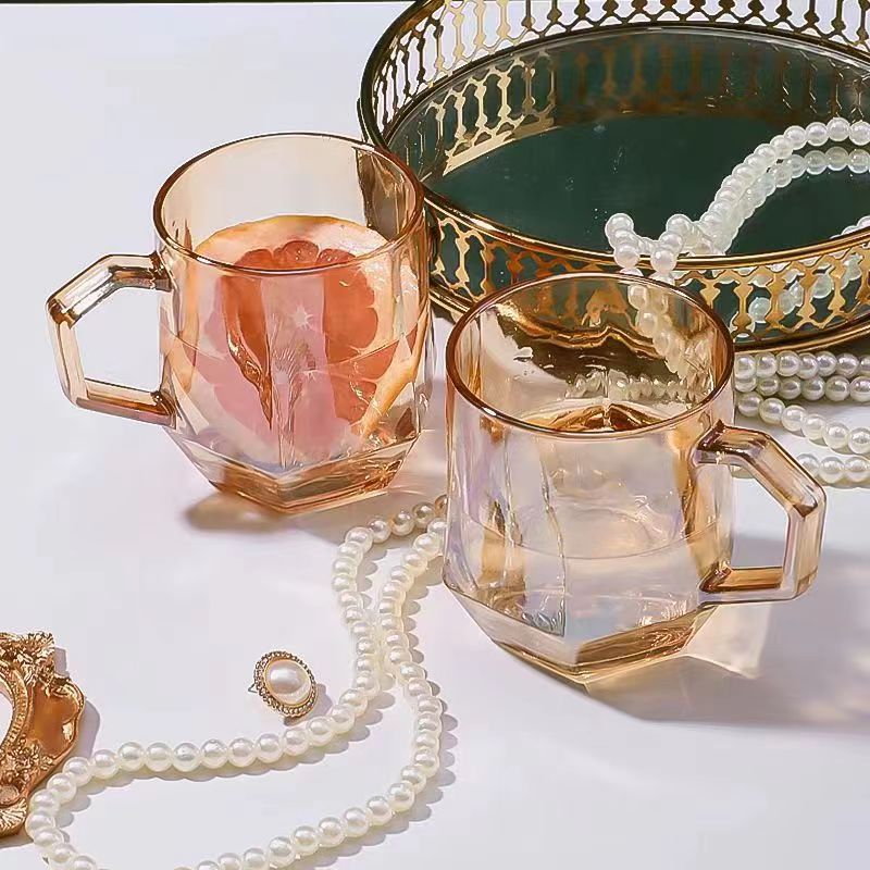 高颜值带把玻璃杯网红ins风家用果汁饮料杯简约创意牛奶杯六棱杯