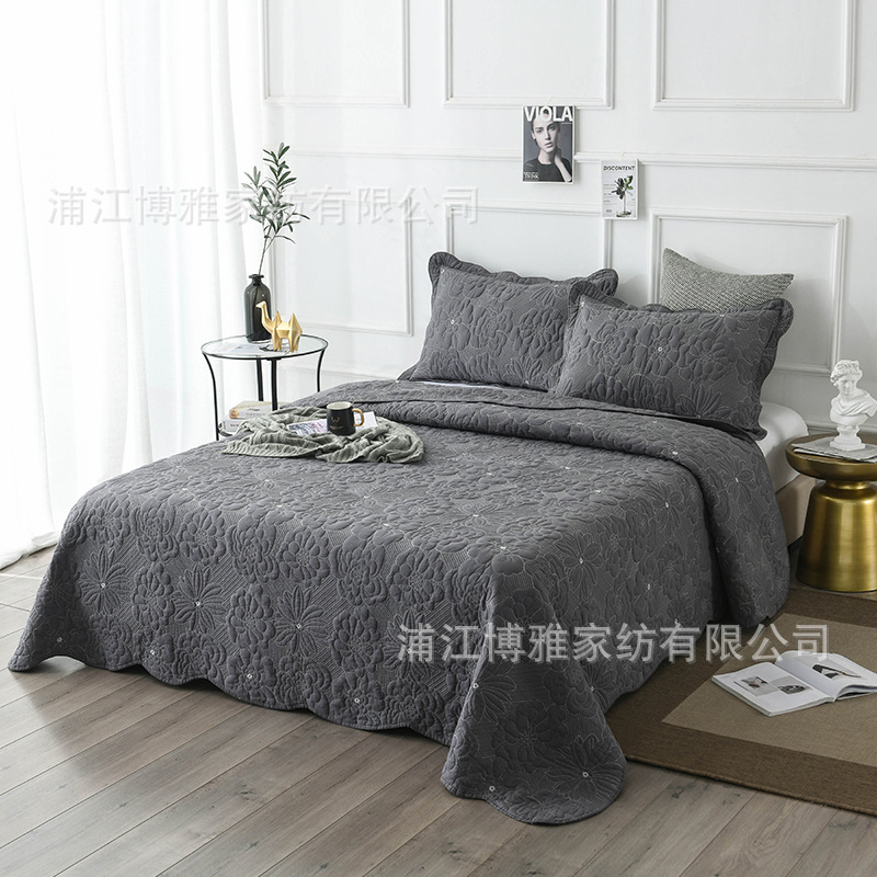 High Quality High-Density Dark Grey Peony Quilted With Pure Cotton Bed Cover Washed Three Piece Cotton Soft Pillowcase details Picture