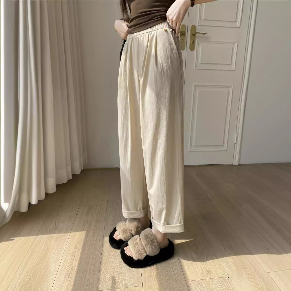 日系休闲裤子女夏薄款高腰显瘦遮肉阔腿直筒哈伦裤女速干裤九分裤图