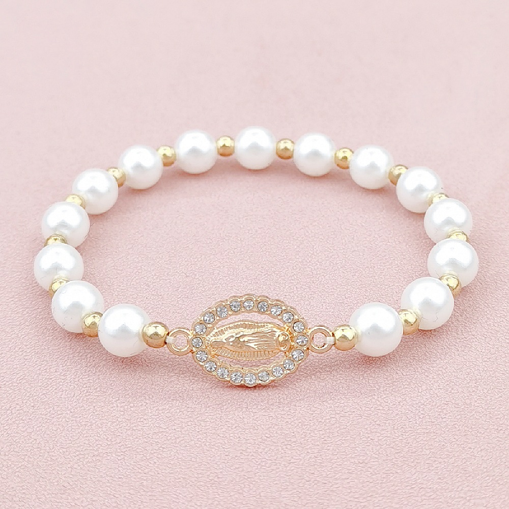 Foreign Trade Hot Cross-Border Amazon Europe And The United States New Diamond Blessed Virgin Mary Bracelet Women's Imitation Pearl Elastic Bracelet Couple Gift String Manufacturers Wholesale