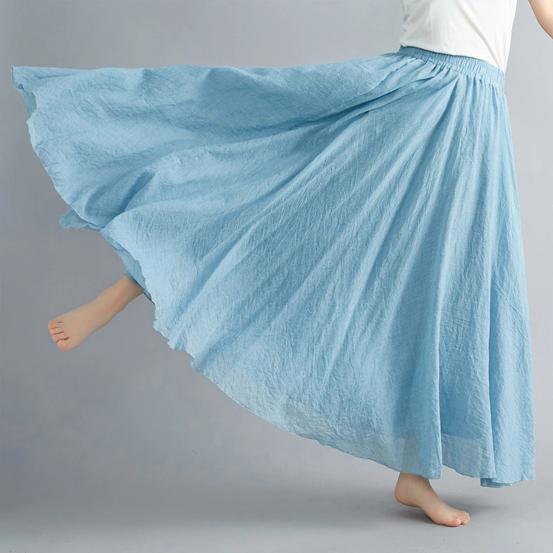 Mori Female Art Large Size Cotton Hemp Skirt Elastic Waist A Line Skirt Long Solid Color National Wind Swing Skirt 24 Colors