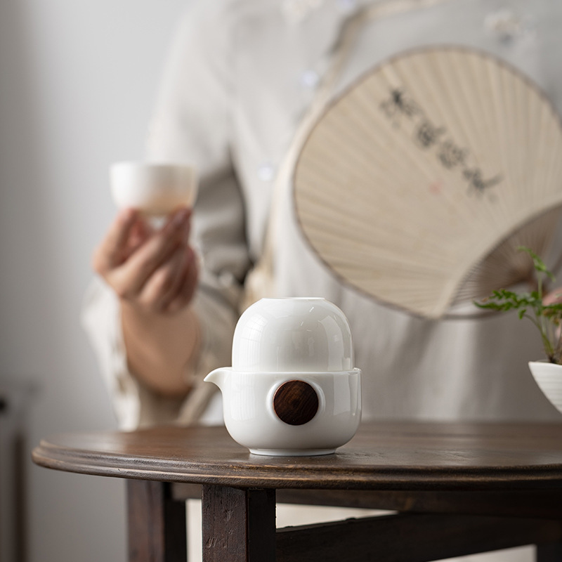 羊脂玉白瓷竹圈防烫快客杯 旅行茶具套装户外陶瓷木盖一壶二杯元宝旅行茶具详情图2