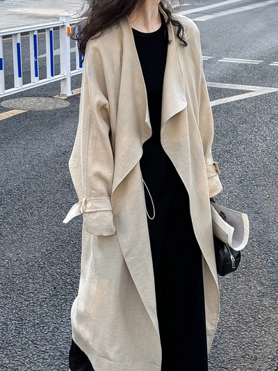 Lu Xi New Chinese Style Wind Over The Knee Trench Coat Women's Mid-Length 2024 Spring New Drawstring Cotton Linen Coat 8648