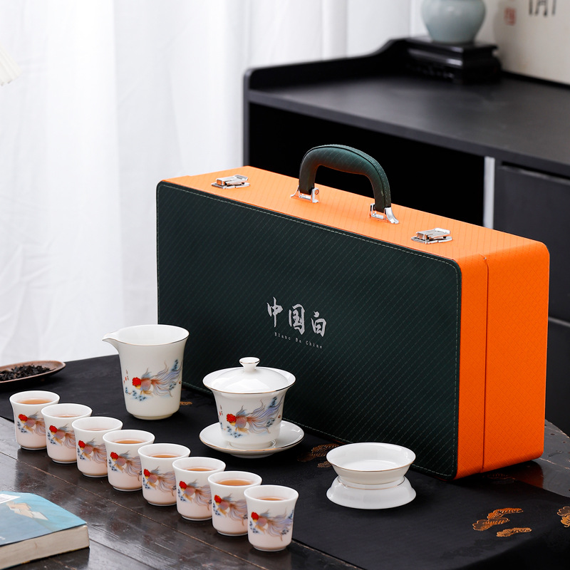 Dehua high-end sheep fat jade porcelain Gongfu tea set, home tea brewing covered bowl cup, company and enterprise festival gift for guests
