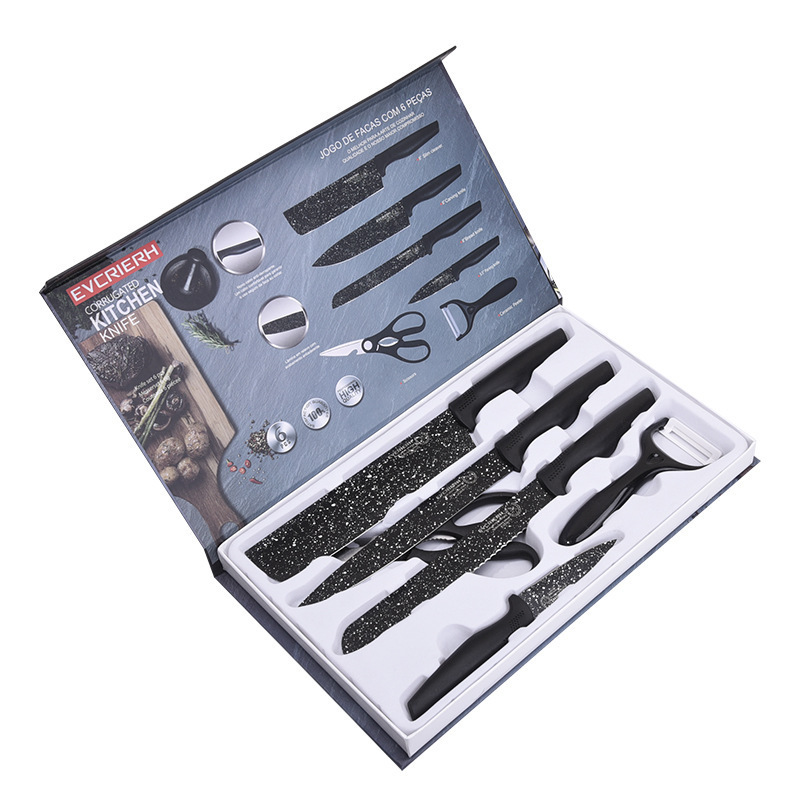 Black Spray Point Six-Piece Knife Set Stainless Steel Chef Meat Bread Universal Knife Gift Box Cutter Manufacturers Available Item Picture