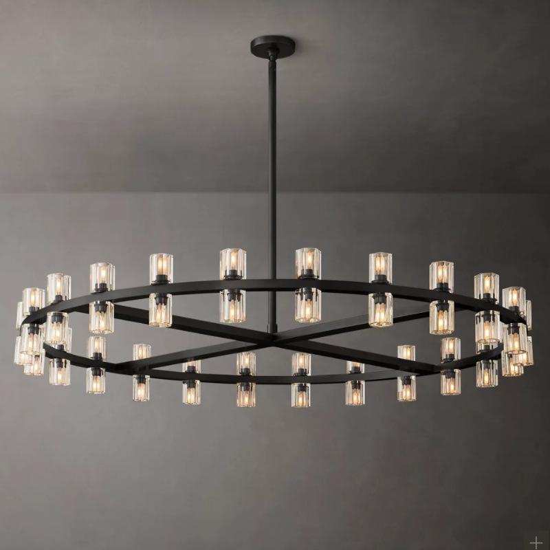 The RH living room chandelier is a grand and elegant main light for the home hall. It is a modern and extremely simple American-style all-copper crystal chandelier for the living and dining rooms details Picture
