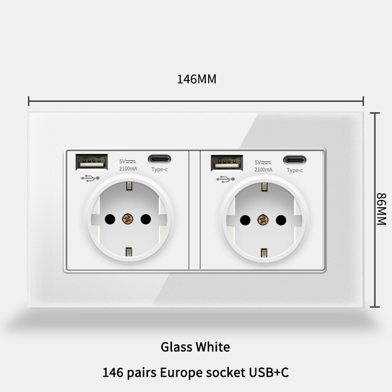Type 146 European standard German USB socket panel French standard German standard Typec+USB European standard 16A tempered glass panel Application Scenario