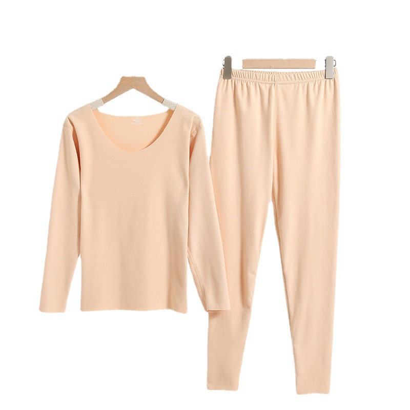 De Rong thermal underwear for women, thickened and fleece thermal underwear, long Johns and long pants, round-neck base, seamless suit for cold winter protection Item Picture