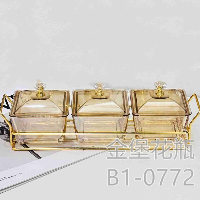 Light luxury fruit tray Home living room 3 cell coffee table glass fruit box nut candy tray storage box snack tray Gold Castle vase 3 cell transparent storage details Picture