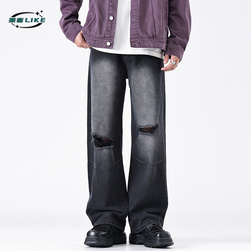American high street jeans, men's retro washed ripped denim trousers, men's high-end loose straight-leg jeans details Picture