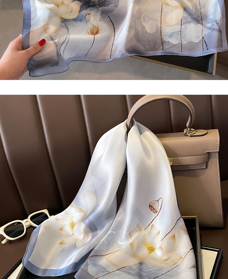 2024新款淡雅荷花桑蚕丝丝巾女真丝围巾杭州丝绸70方巾送妈妈长辈详情12