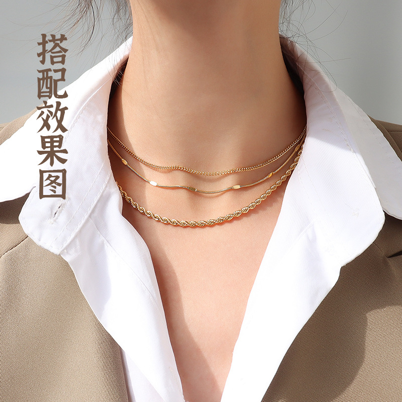Cross-shaped chain, snake bone chain, twist chain, box chain, various necklaces, women's titanium steel plated 18K gold plain chain, collarbone chain accessories details Picture