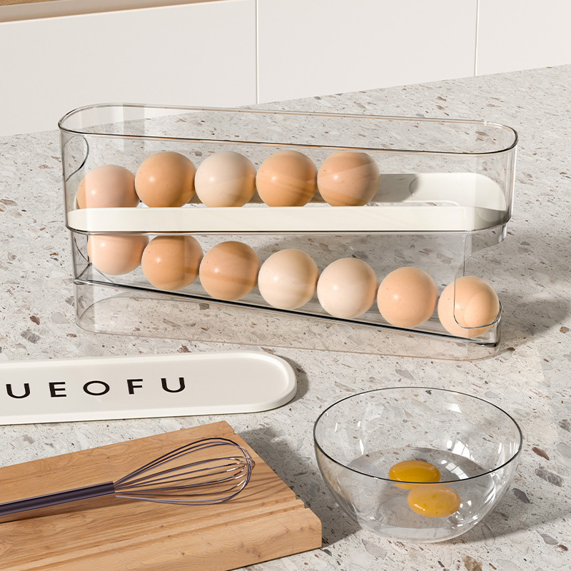Slide Type Egg Carton Double Layer Automatic Egg Roller For Refrigerator Side Door Kitchen Countertop Egg Storage Box Specification drawing